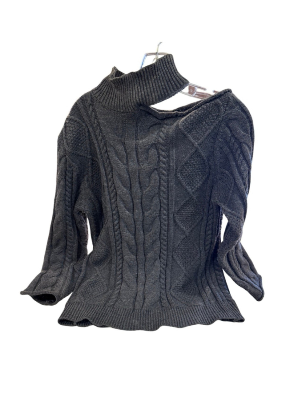 Gray Cable Knit Off-Shoulder Sweater